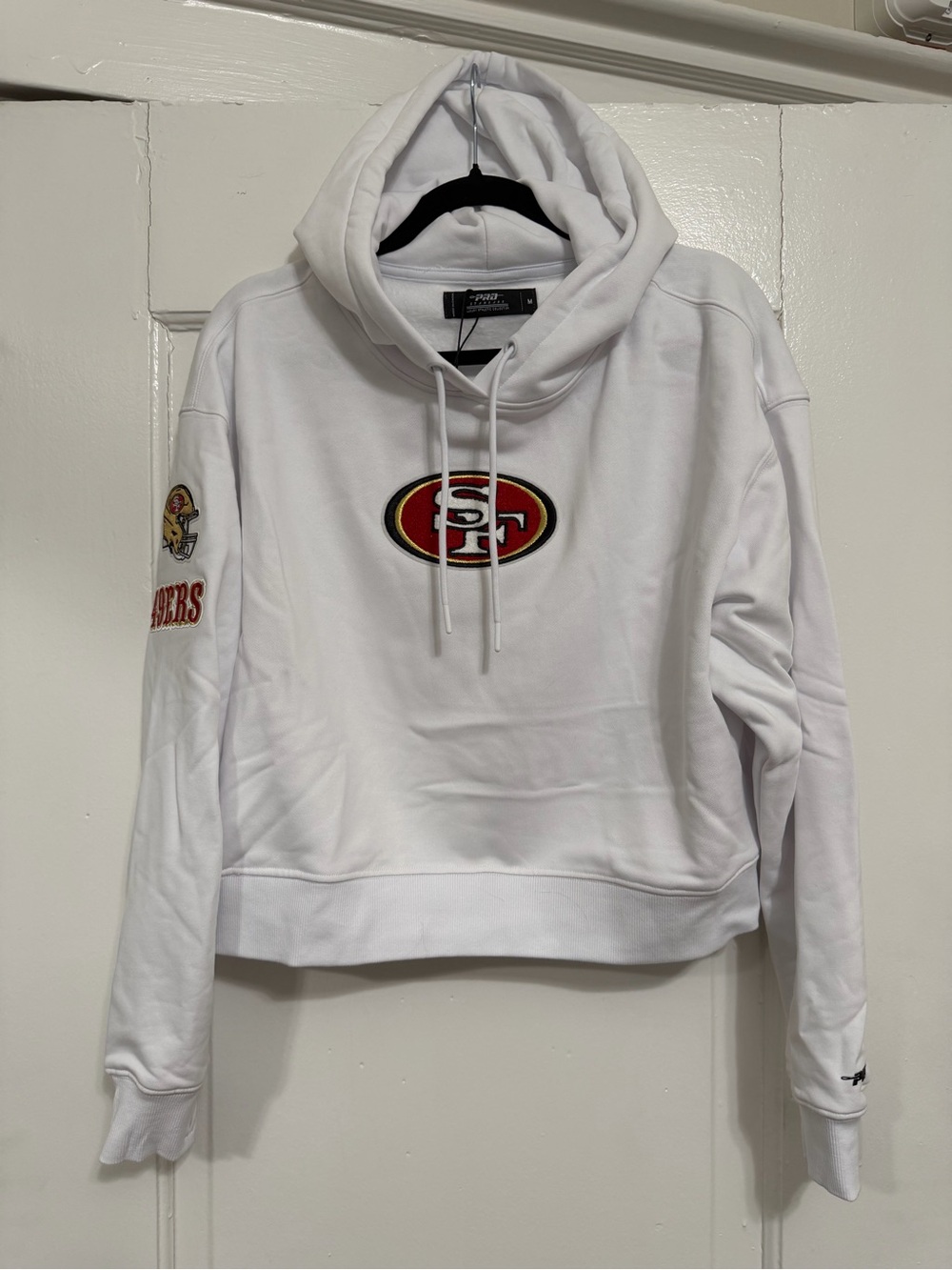 NFL 49ers White Crop Hoodie with Red & Gold Embroidered Patches - M